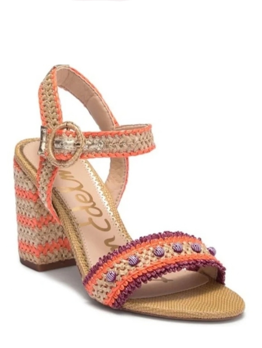 Sam Edelman Olisa Beaded Orange Raffia Chunky Heels Anklet Size 7